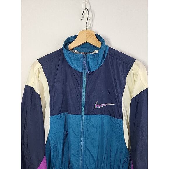 90s Nike Windbreaker Jacket M (10-12) Teal Purple Colorblock BIG Swoosh Track - Picture 3 of 15